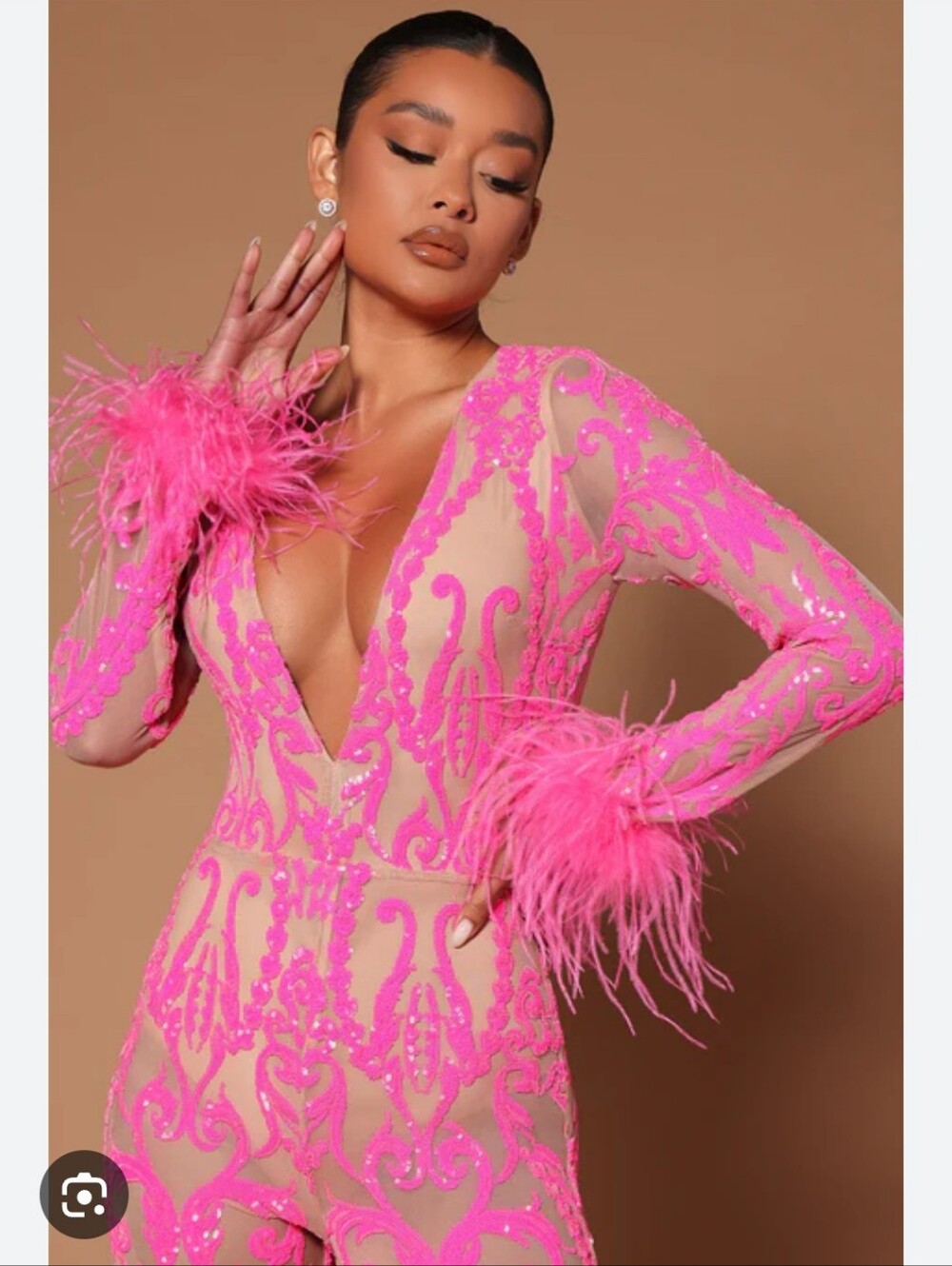 Dancing Queen Disco Festival Sequin Feather Nude Hot Pink Jumpsuit Bridal Shower - Picture 2 of 8